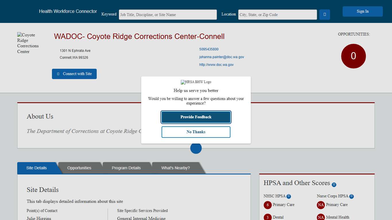 Health Workforce Connector - Site Profile Page